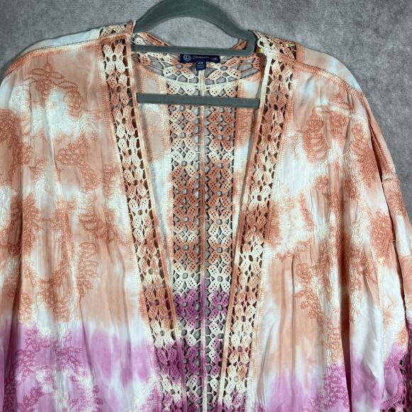 Democracy Kimono Top Womens 2X‎ Multicolor Tie Dye Crochet Trim Open Front Boho - Picture 3 of 11